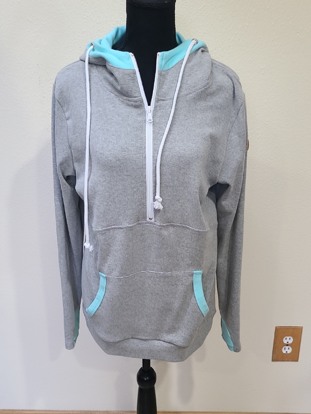 Michelle Mae Light Gray Hooded Sweatshirt with Aqua Trim